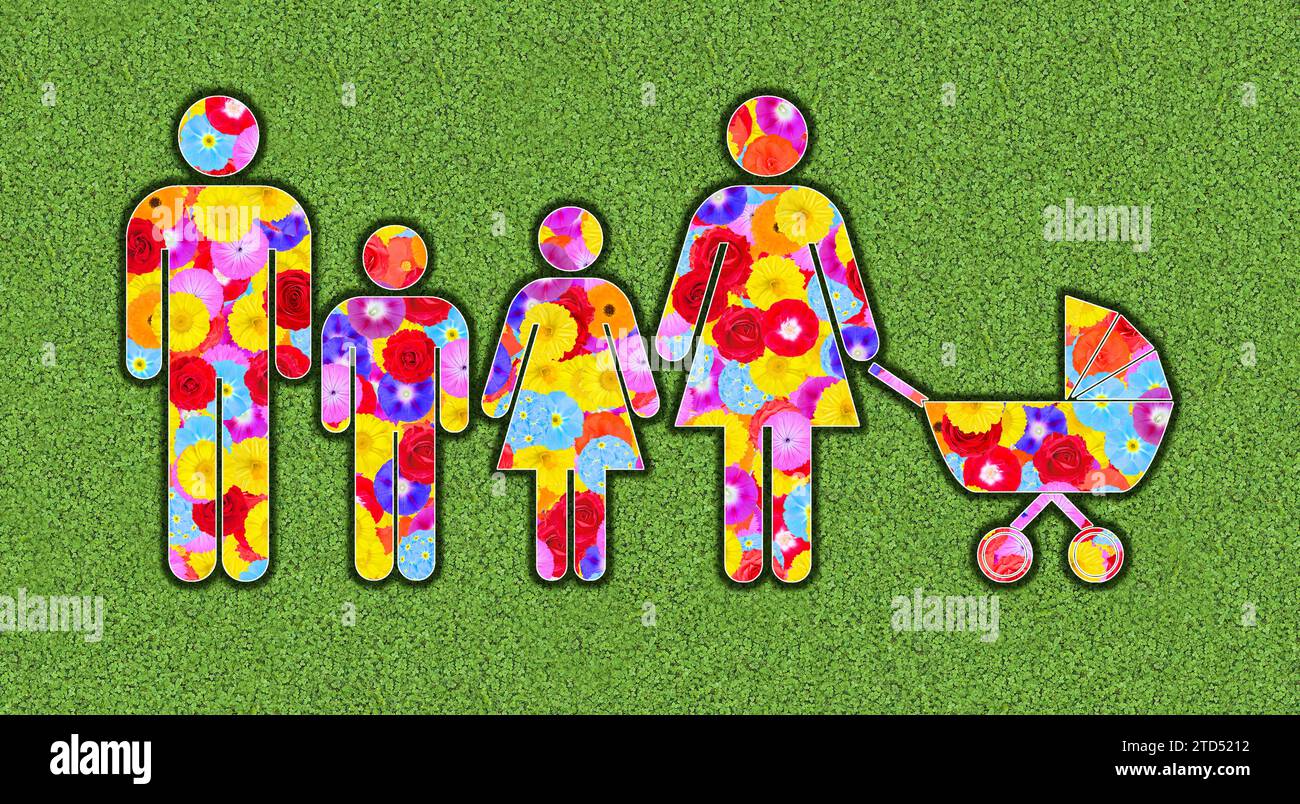 Pictogramme de famille, mari et femme, avec trois enfants, fille et fils et bébé en poussette, conçu avec des fleurs colorées sur fond vert, gr Banque D'Images