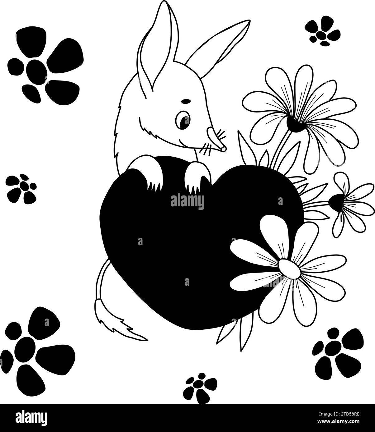 Animal mignon australien bilby avec coeur et fleurs. Personnage émaillé Valentine. Dessin à la main vectoriel doodle. Collection enfants Illustration de Vecteur