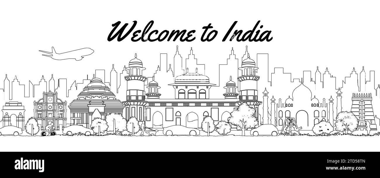 Monuments célèbres de l'Inde par style de ligne de silhouette, illustration vectorielle Illustration de Vecteur