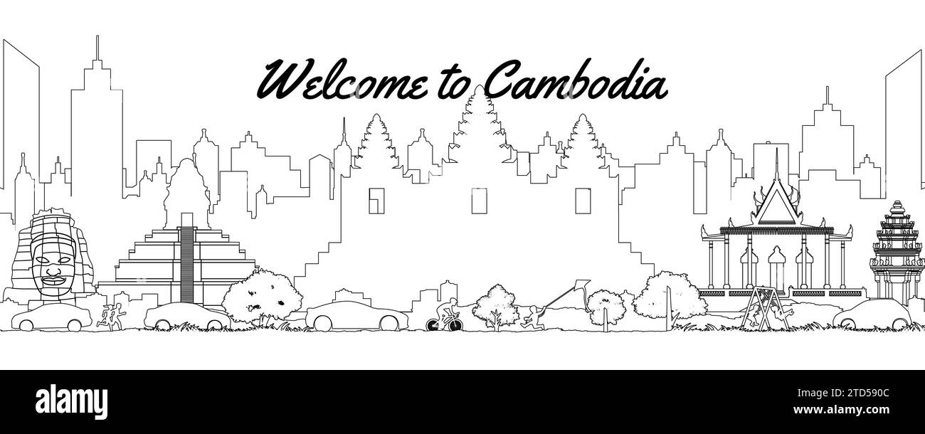 Cambodge célèbre point de repère dans la scène de paysage urbain style ligne silhouette avant des tours, illustration vectorielle Illustration de Vecteur