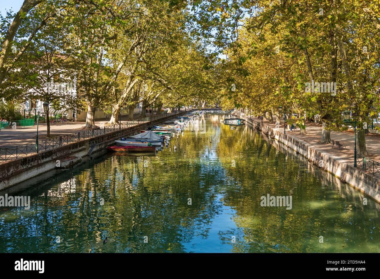 Quai Jules Philippe, un canal à l'ombre des platanes, et des bateaux sur le lac d'Annecy, en haute Savoie, France Banque D'Images