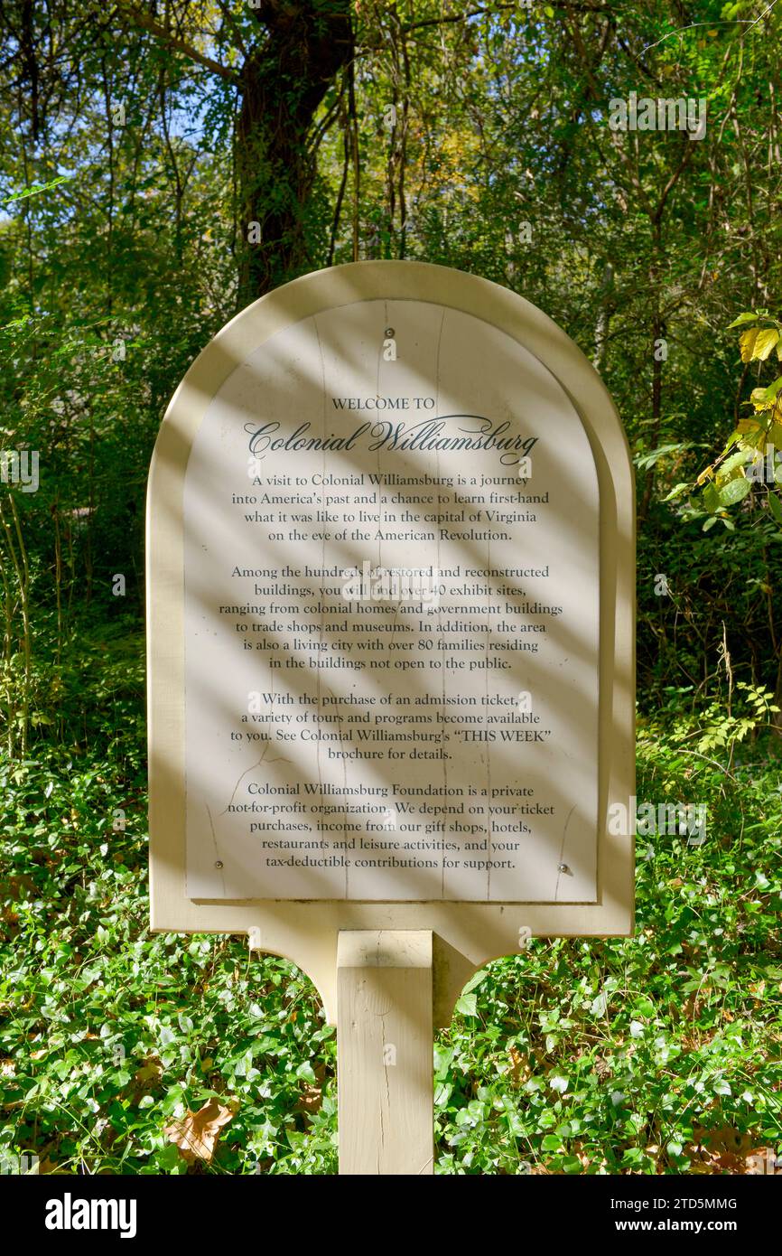 Bienvenue à Colonial Williamsburg, va signe Banque D'Images