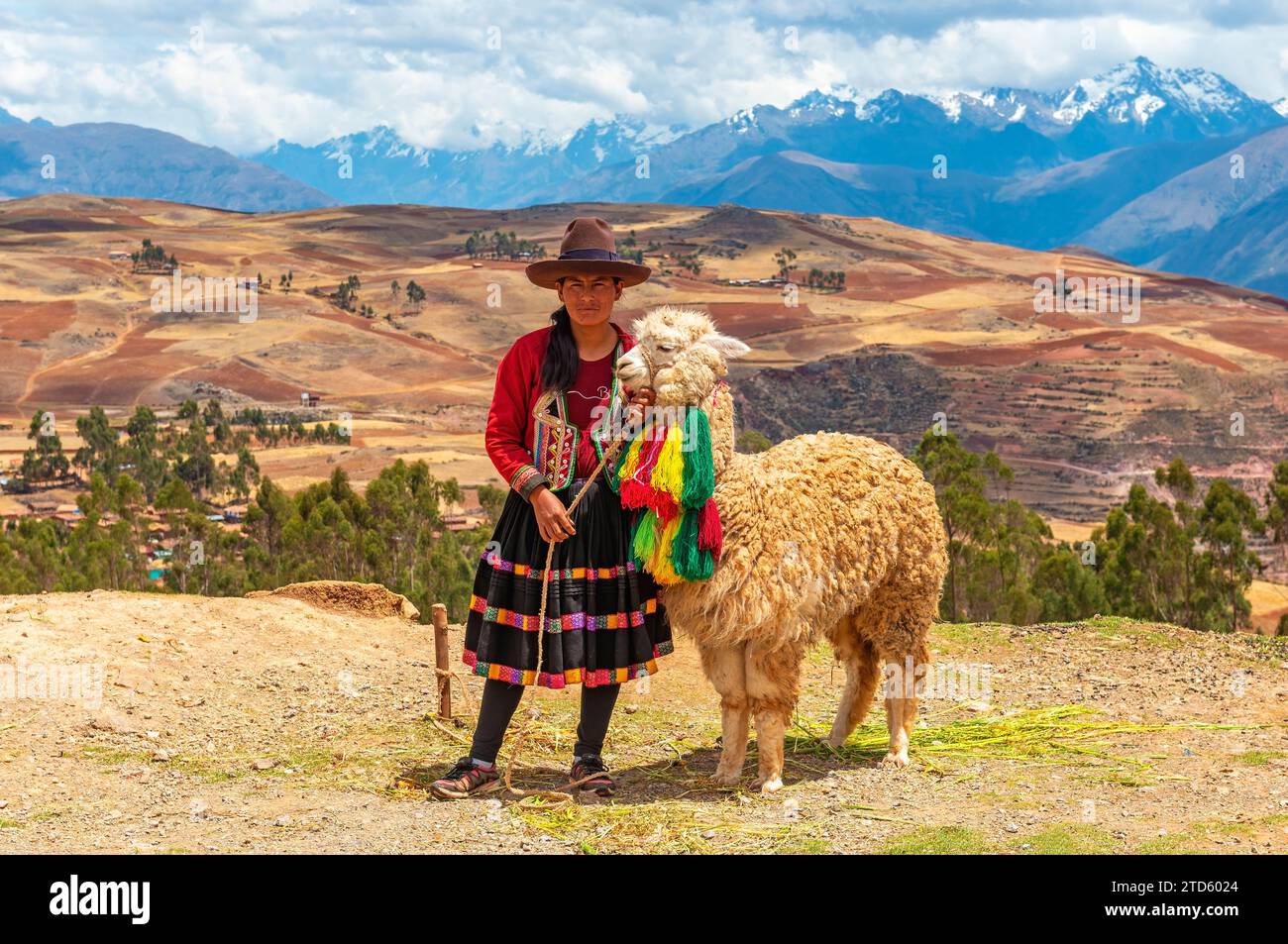 Femme quechua indigène péruvienne avec alpaga dans la Vallée Sacrée de l'Inca près de Cusco, Pérou. Banque D'Images