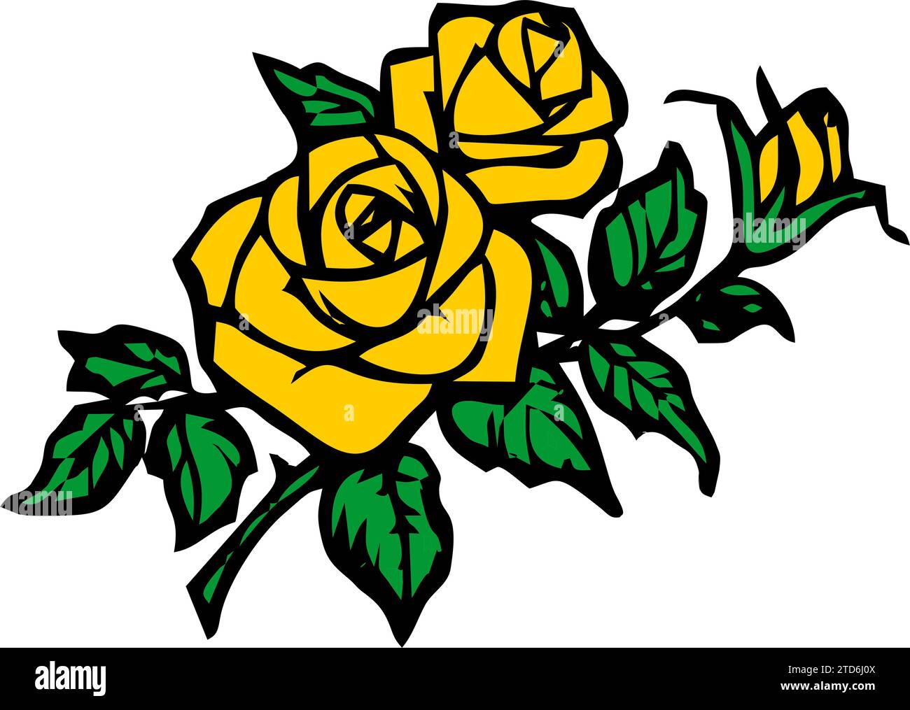 dessin en couleur d'une branche d'une rose jaune fleurie avec un contour noir sur un fond blanc, logo, décor Banque D'Images