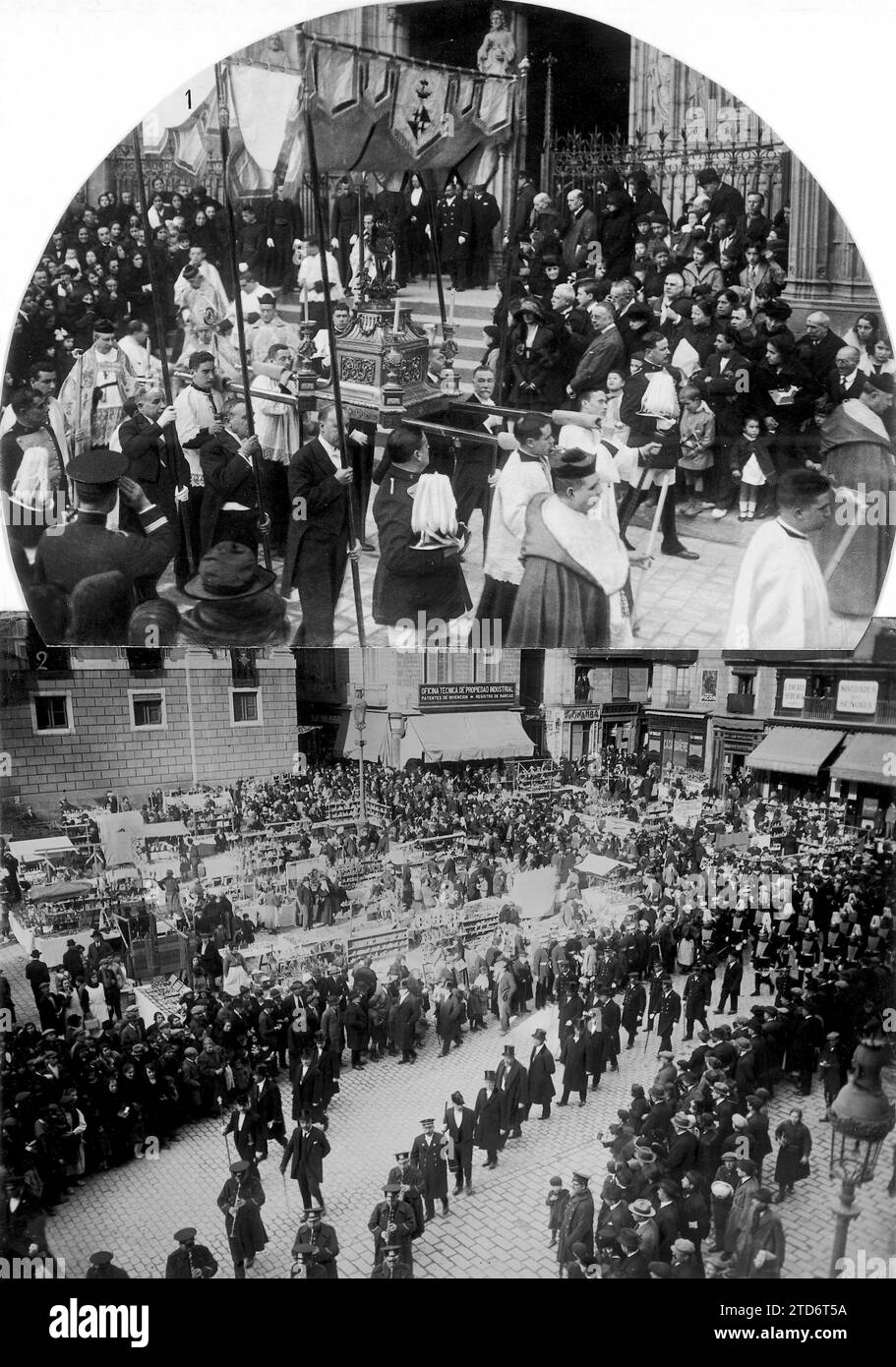 12/07/1923. Barcelone. La fête de la Purisima Concepción. 1. Départ de la cathédrale de la procession de la Venerada Imagen, 2. La mairie au retour après la procession en passant par la Plaza de la Constitución, où les étals de la Foire de Noël sont déjà installés. Crédit : Album / Archivo ABC / Josep Brangulí Banque D'Images