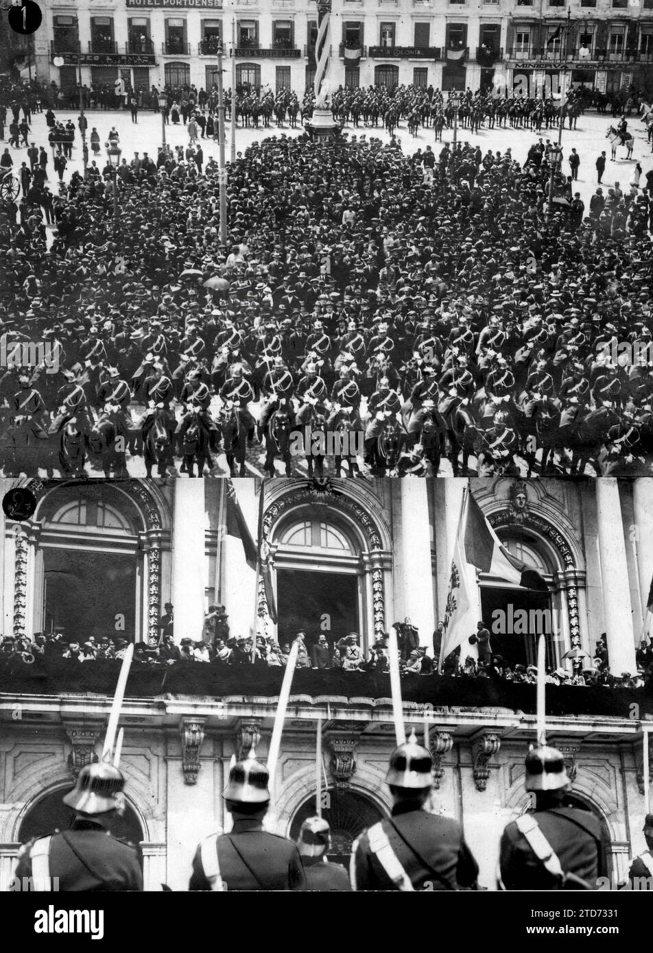 04/30/1918. Proclamation du président de la république portugaise. 1.-la foule sur la place municipale, Lisbonne, écoutant le discours de Sidonio Paes. 2.-le nouveau président, Sidonio Paes (X), saluant le peuple depuis un balcon du palais municipal. Crédit : Album / Archivo ABC / Joshua Benoliel Banque D'Images