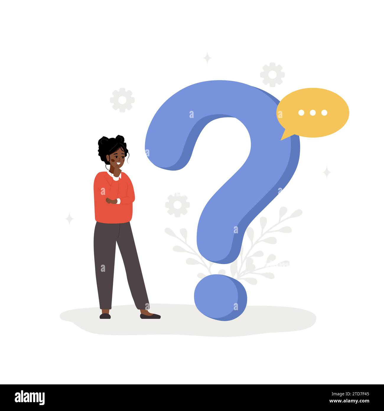 Concept des questions fréquemment posées. Femme africaine avec grand point d'interrogation recherche de réponses. Service d'assistance client et d'aide en ligne. FAQ et Illustration de Vecteur