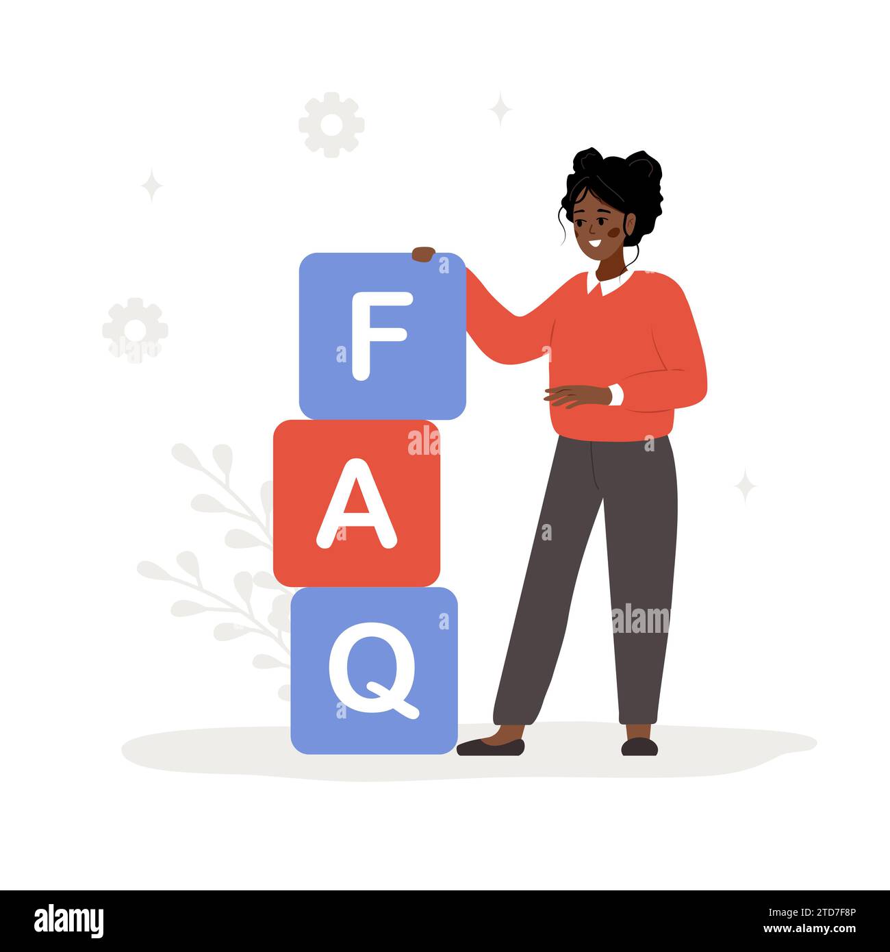 Concept des questions fréquemment posées. Femme africaine avec de grands cubes avec des lettres FAQ. Assistance clientèle et service d'assistance en ligne. Vecteur Illustration de Vecteur