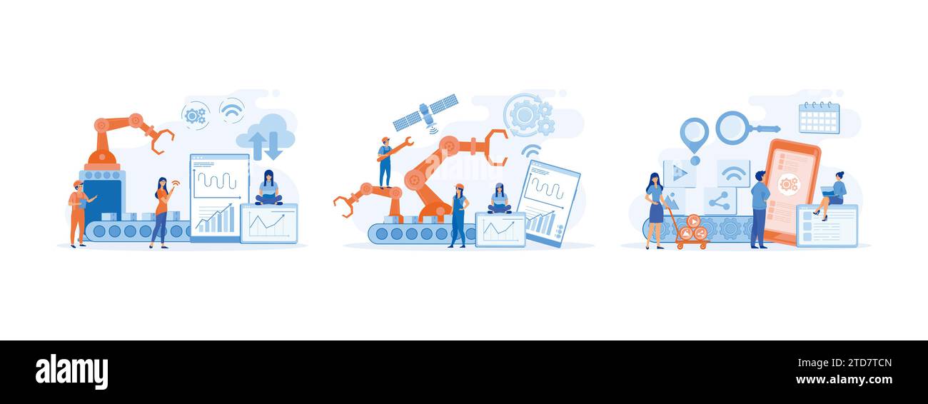 Smart Factory. Utilisateur se connectant à une tablette, chargeant un téléphone intelligent et partageant des données multimédia avec un système. Smart Industry Set Flat Vector moderne illust Illustration de Vecteur
