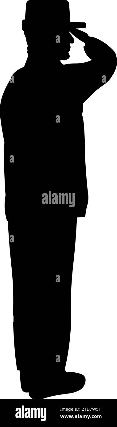 Silhouette du soldat vue de côté donnant salut militaire au défilé dédié à la Journée des anciens combattants. Contour noir d'un soldat complet en uniforme. bl simple Illustration de Vecteur