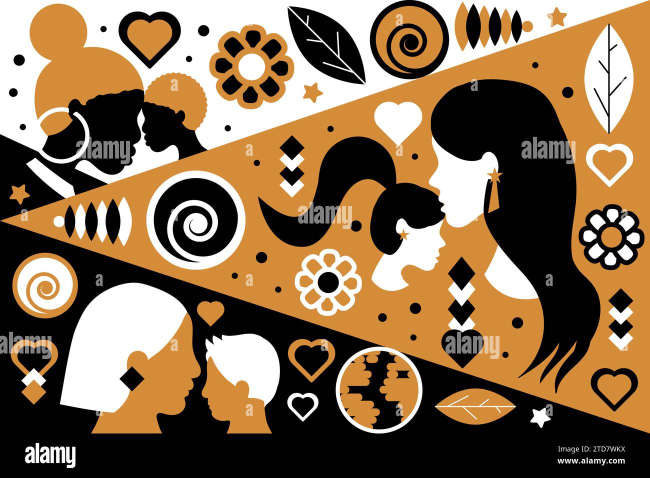 Affiche Motherly Love dans des couleurs Boho avec profil de visage de silhouette abstraite de mère aimante et enfant de familles de nationalités différentes. Modèle pour Illustration de Vecteur