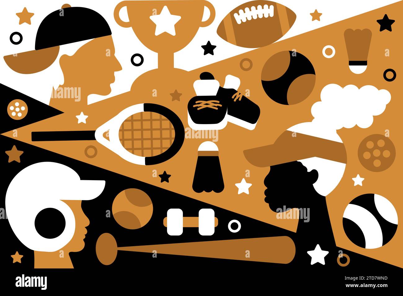 Sport les gens choisissent l'affiche d'équipement dans des couleurs Boho avec des hommes et des femmes de différentes nationalités jouent le sport préféré. Modèle pour l'impression, annonce Illustration de Vecteur