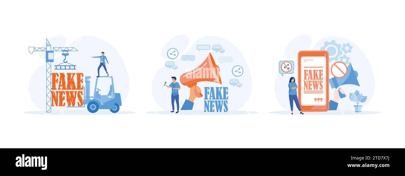Arrêtez les fausses nouvelles et la désinformation, les gens partagent les fausses nouvelles sur les médias sociaux, les métaphores des fausses nouvelles. Fake news 2 Set illustration moderne vectorielle plate Illustration de Vecteur