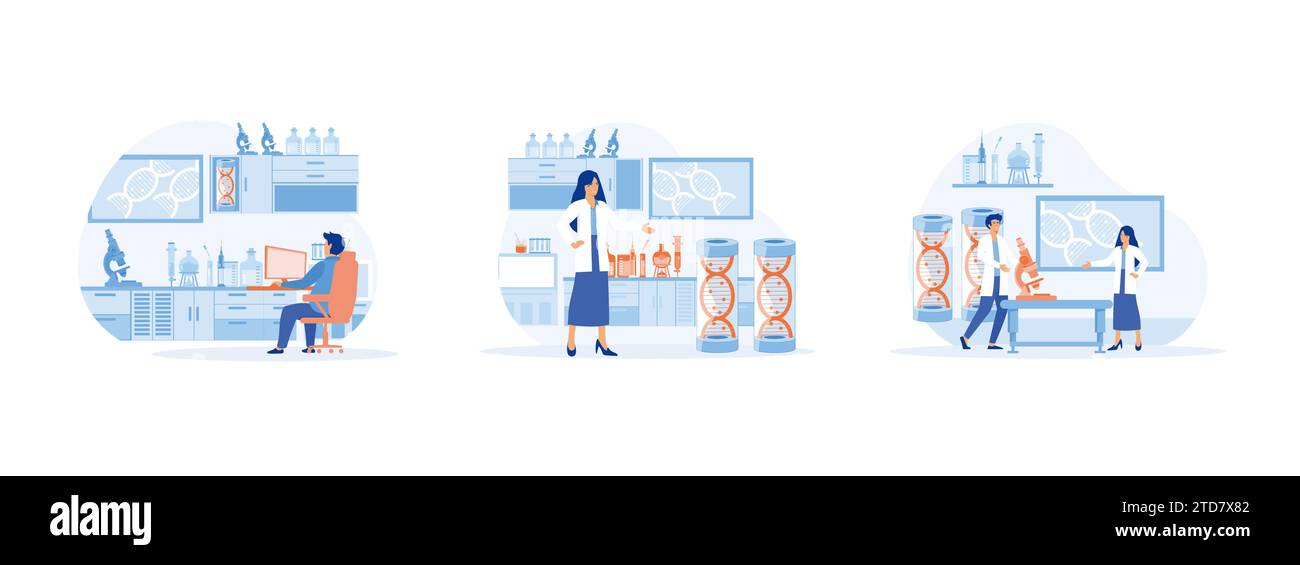 Scientifiques recherche dans le processus de laboratoire, laboratoire de maintien, scientifiques menant des recherches scientifiques. Le scientifique de laboratoire a mis le vecteur plat moderne Illustration de Vecteur
