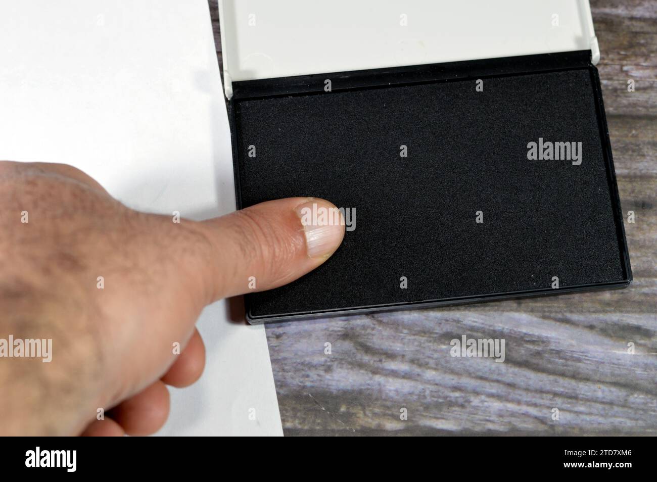 Une empreinte digitale et un tampon encreur de couleur noire, l'empreinte digitale est une impression laissée par les crêtes de frottement d'un doigt humain, récupération d'un doigt partiel Banque D'Images