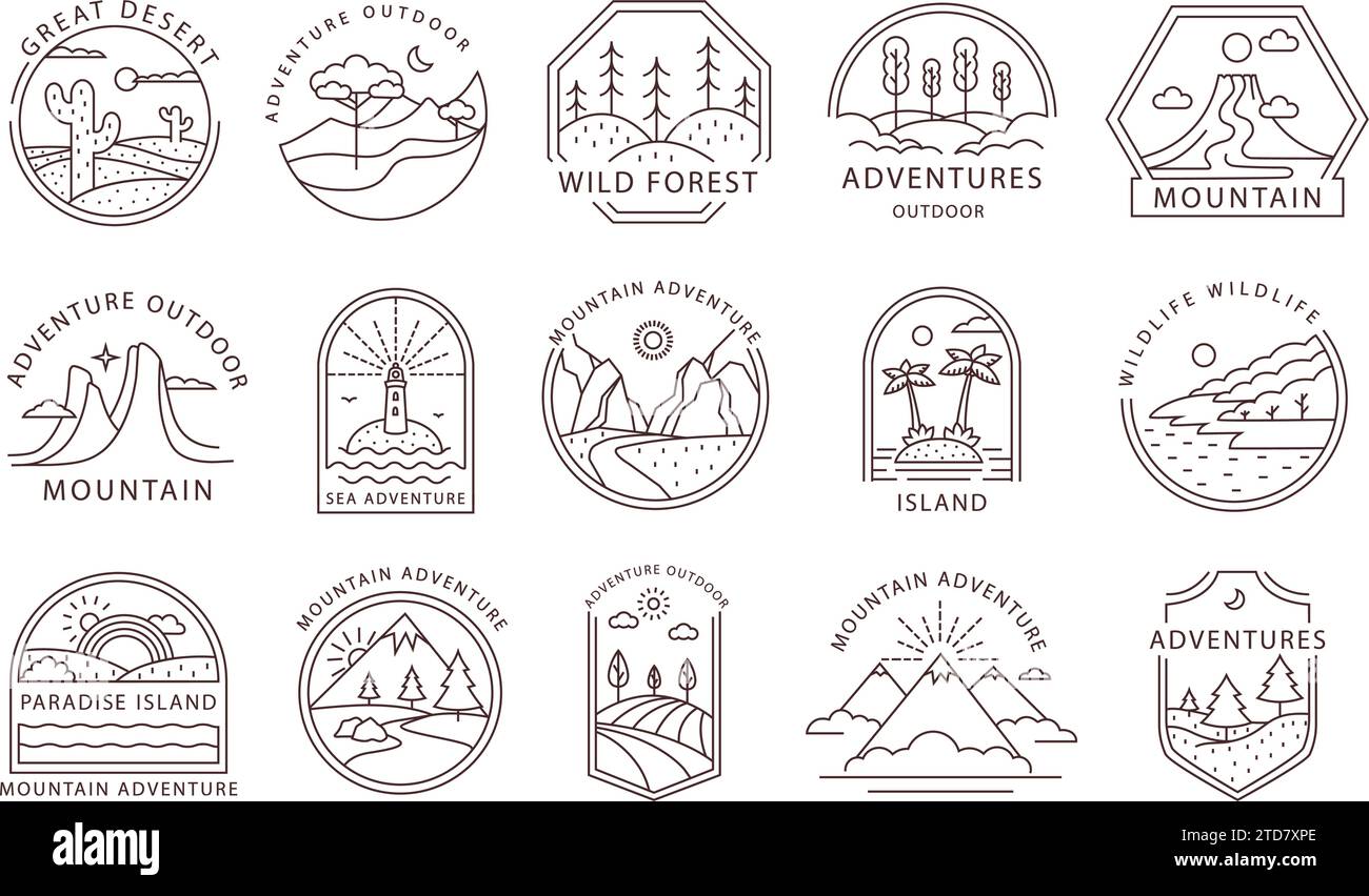 Badges d'aventure en ligne. Soulignez les emblèmes de voyage avec des paysages extérieurs. Ensemble de vecteurs de balises minimal de montagne, d'île, de désert et de forêt sauvage Illustration de Vecteur
