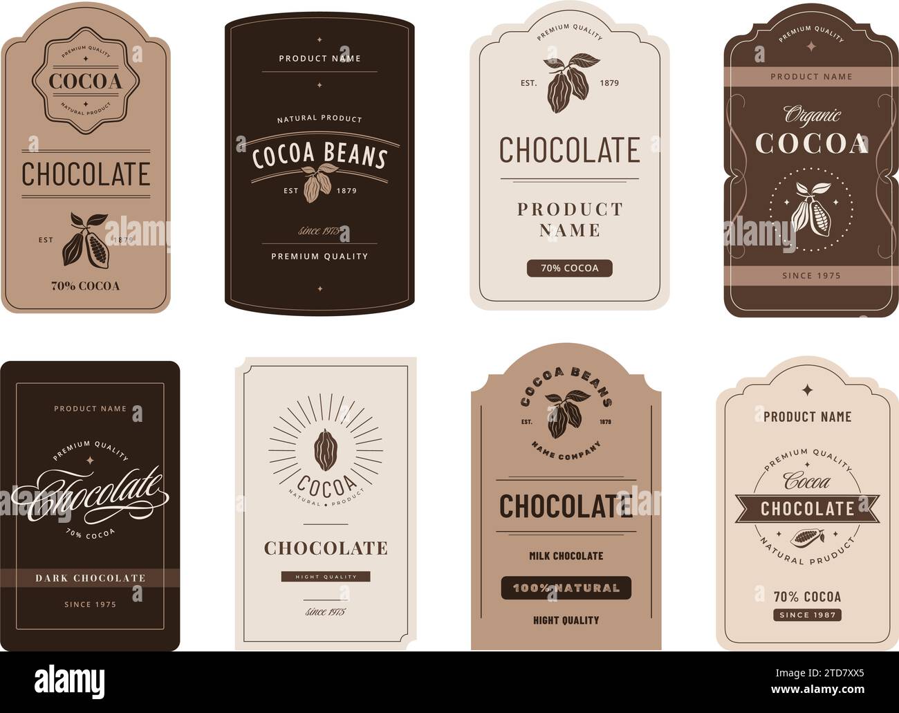 Etiquette cacao. Emblèmes de chocolat classiques avec des fèves de cacao, ensemble de vecteurs de modèle de conception de marque de produits artisanaux Illustration de Vecteur
