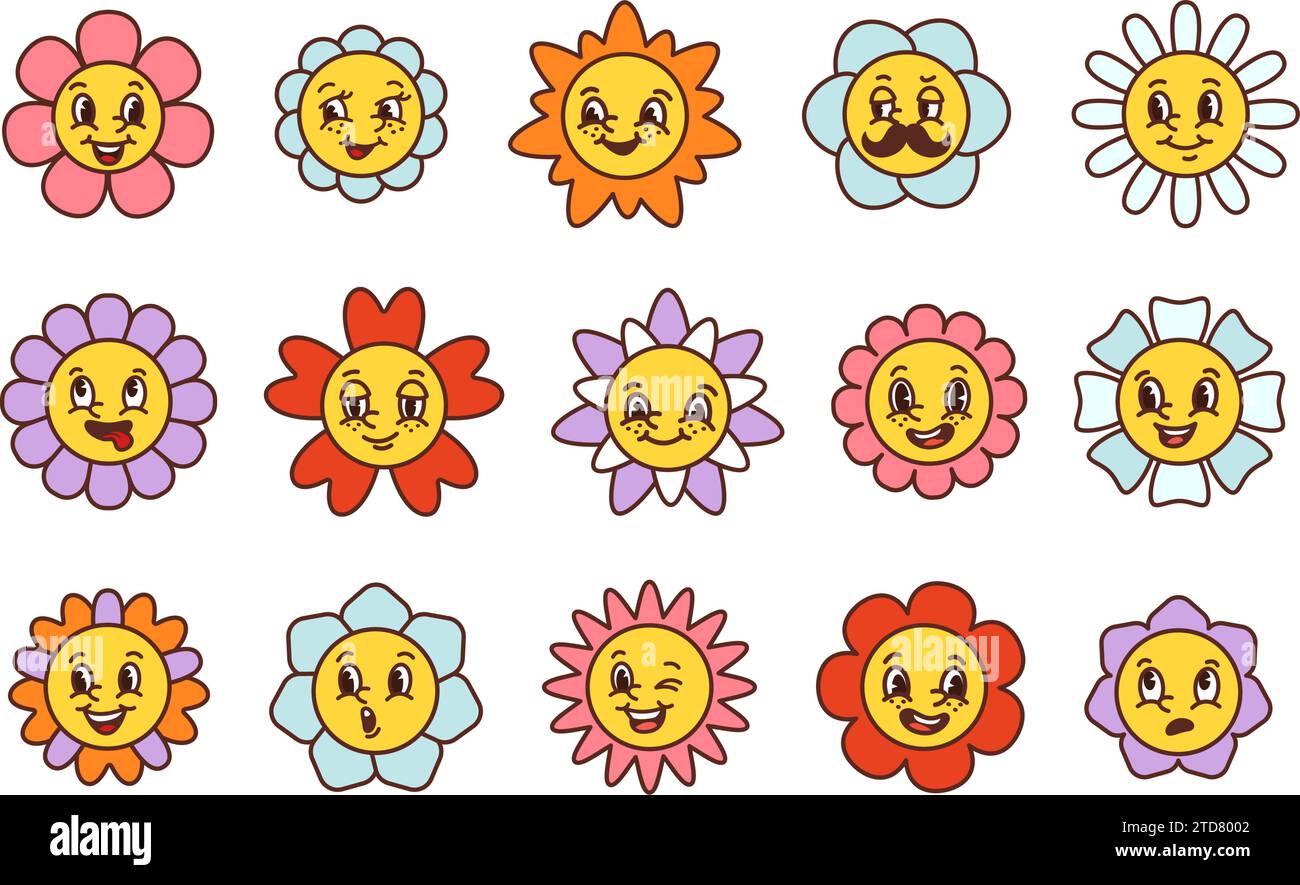 Visages de fleurs de dessins animés. Heureux caractères floraux souriants avec diverses expressions faciales, visage mignon avec pétales de fleurs ensemble vecteur Illustration de Vecteur