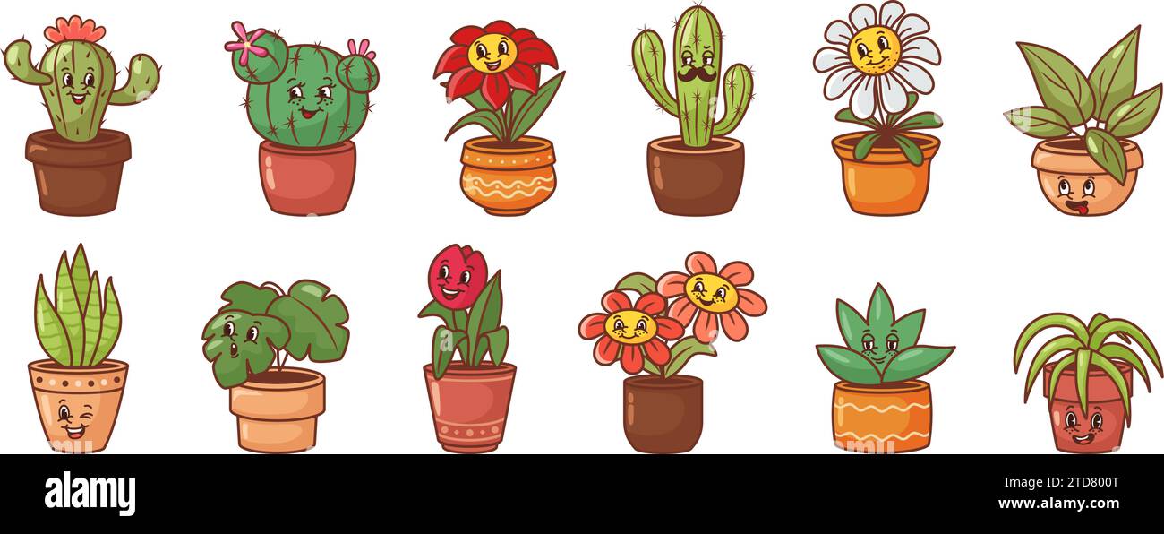 Fleur de dessin animé en mascotte de pot. Caractère gai de cactus, fleurs souriantes et plantes de feuillage sympathiques dans des pots de jardinage ensemble d'illustrations vectorielles Illustration de Vecteur