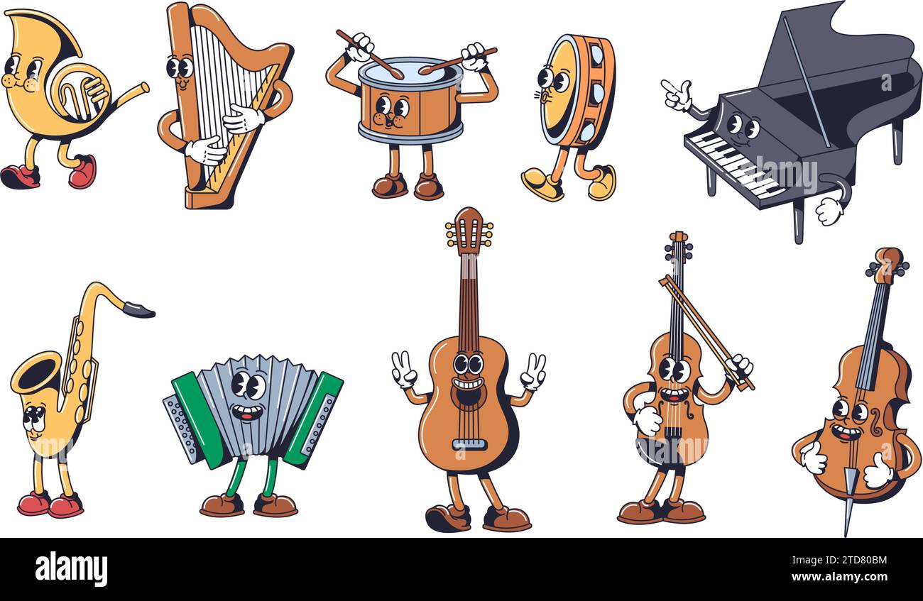 Mascottes d'instruments de musique de dessin animé. Personnages de musique ludiques dans le style de tuyau en caoutchouc des années 1930. Jeu d'illustrations vectorielles de concept rétro Illustration de Vecteur