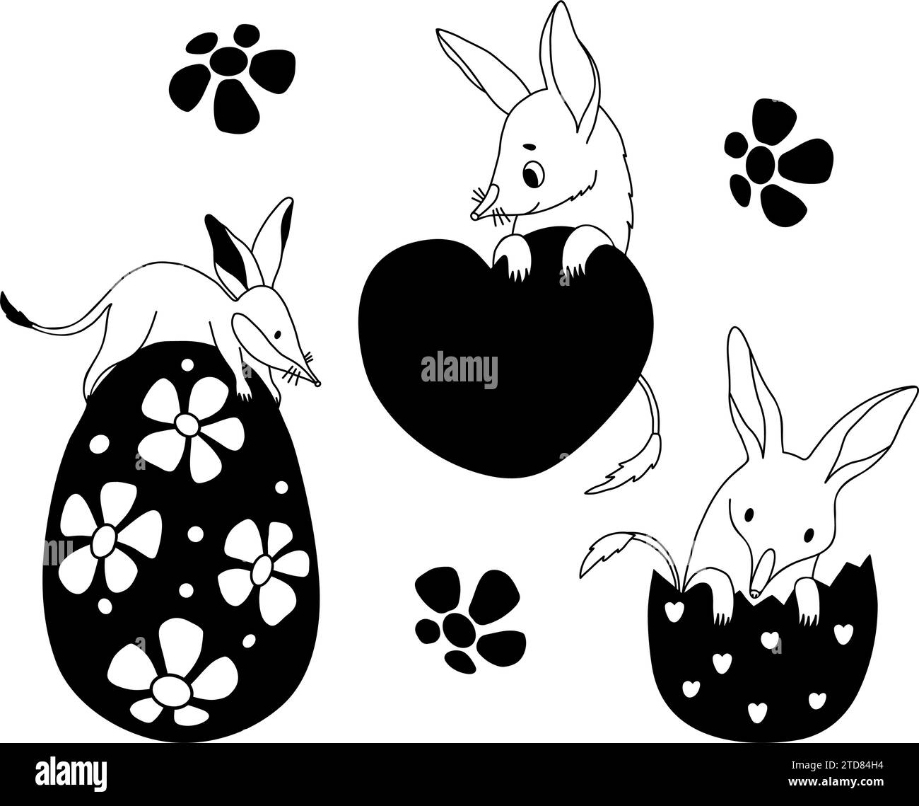 Collection animaux australiens bilbies avec oeuf de Pâques et avec coeur valentine. Dessins à la main isolés griffonnent. Illustration vectorielle Illustration de Vecteur