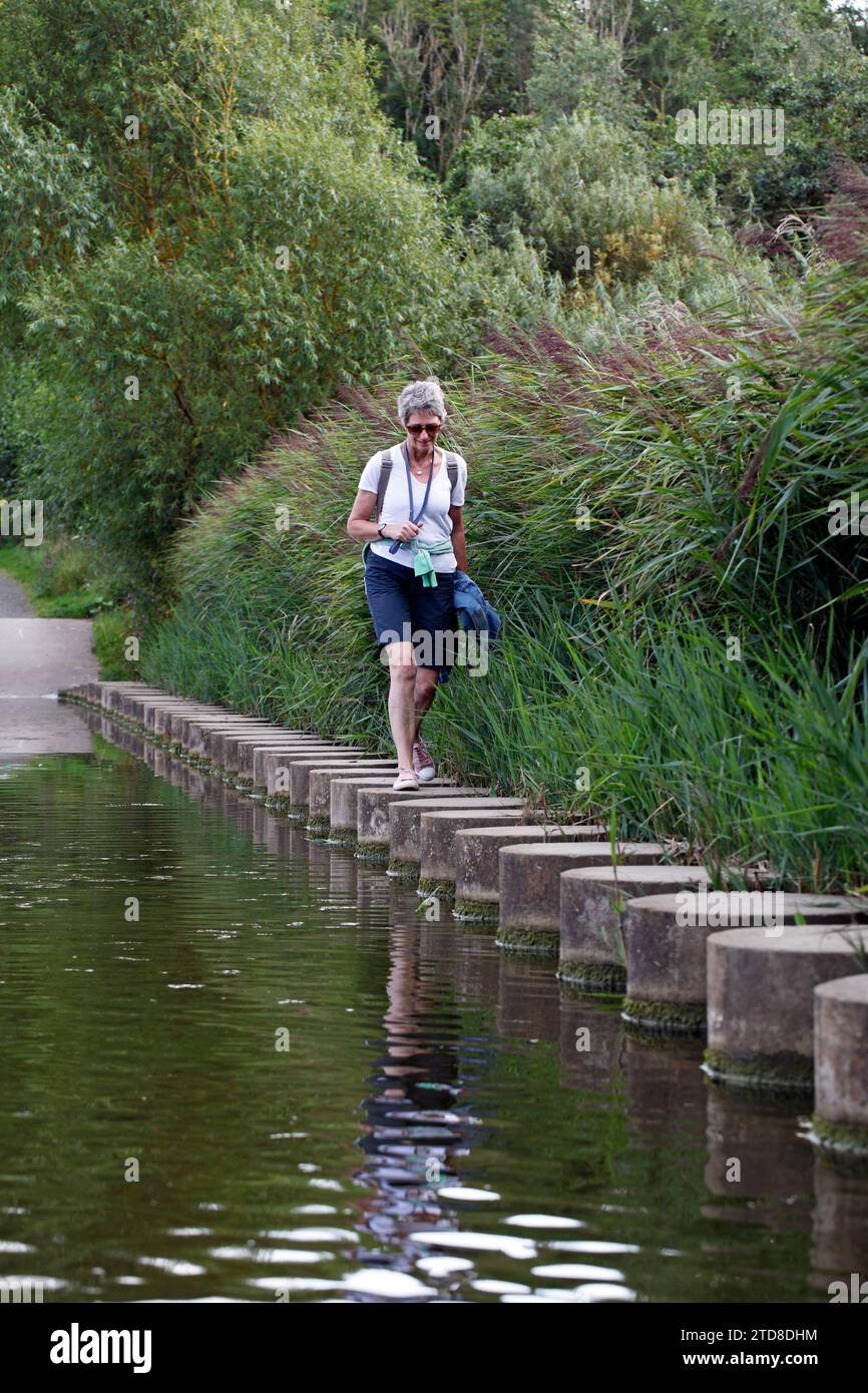 marchepieds, fabriqués par l'homme, fabriqués par l'homme, des colonnes, avec une femme les traversant Banque D'Images