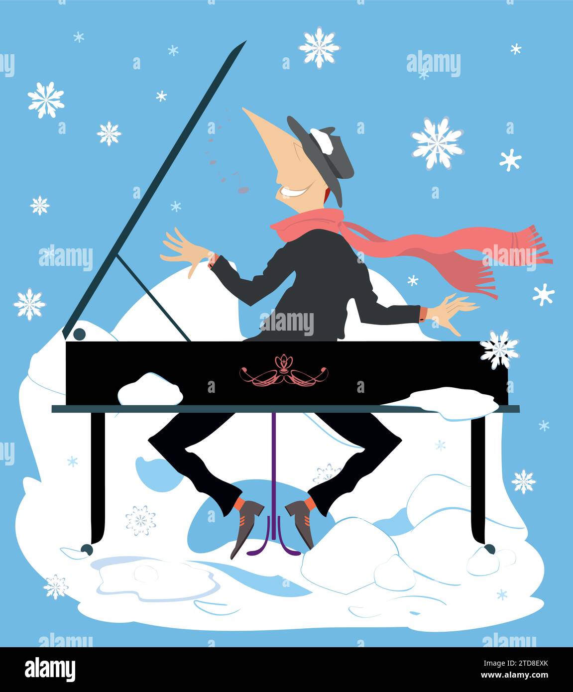 Hiver. Neige. Homme jouant du piano. Concert d'hiver. Flocons de neige. Pianiste souriant jouant de la musique avec inspiration Illustration de Vecteur