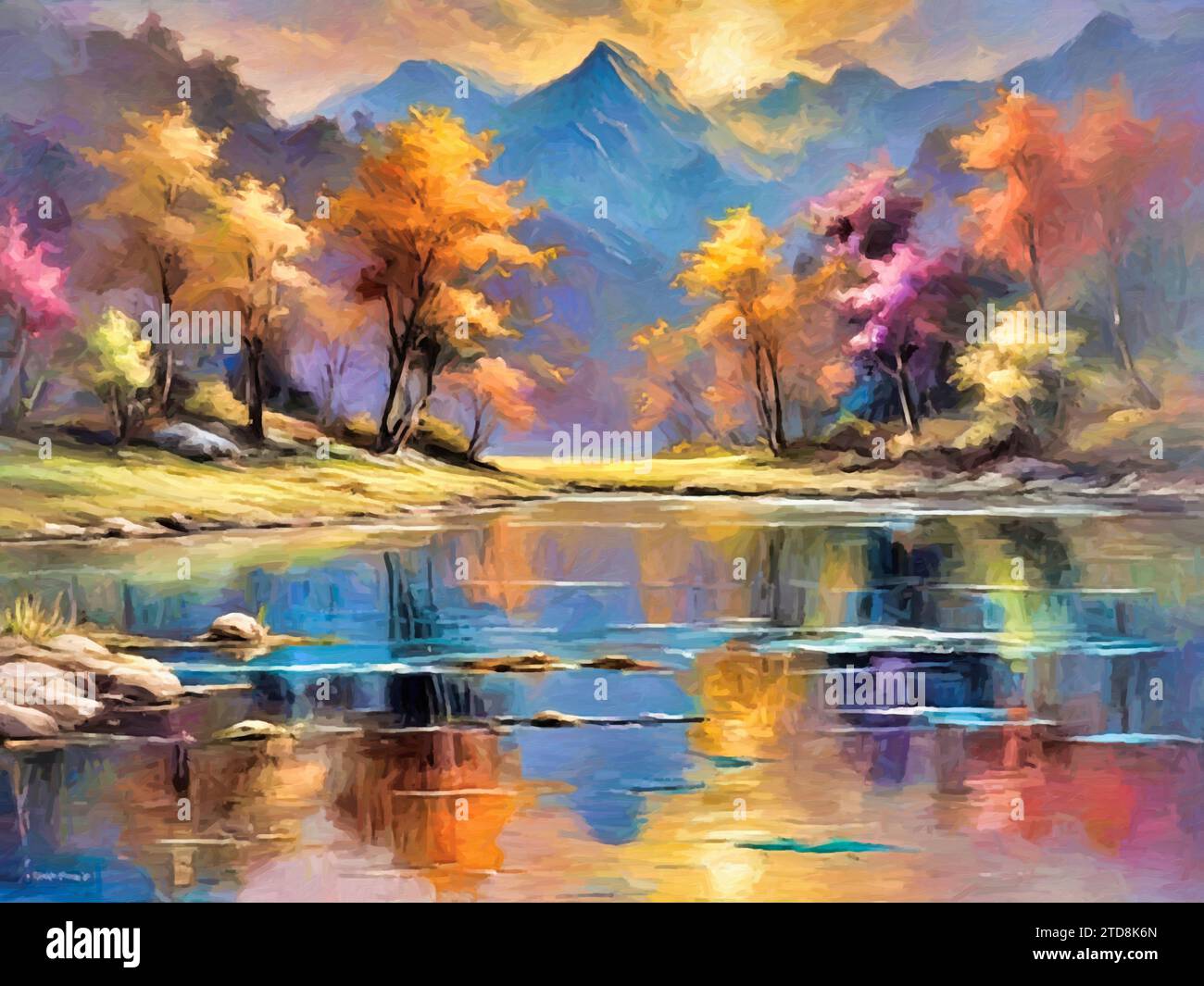 Scène forestière d'automne avec reflets d'étang au coucher du soleil (peinture) néo-impressionnisme. Banque D'Images