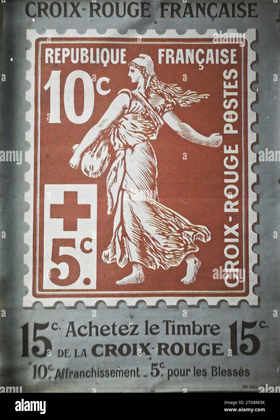 Paris, France affiche de la Croix-Rouge française, 'Acheter le timbre de la Croix-Rouge à 15c.', inscription, informations, première Guerre mondiale, Santé, affiche, dos, blessé, mutilé, effort de guerre, travail de guerre, patriotisme, France, Paris, Stamp, Paris, Delécaille, Maurice, Autochrome, photo, verre, Autochrome, photo, positif, vertical, taille 9 x 12 cm Banque D'Images