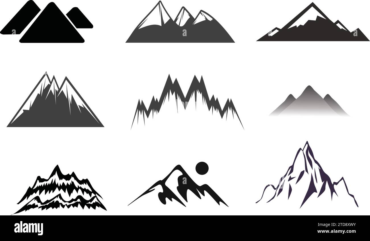 Ensemble d'illustration vectorielle d'icône de ligne de montagne simple, pic de silhouette de montagnes rocheuses Illustration de Vecteur