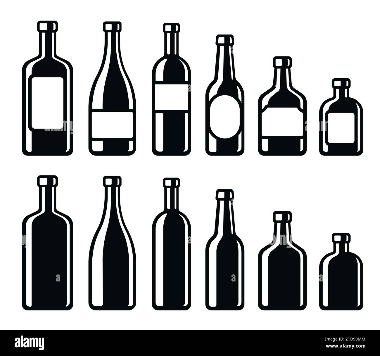 Icônes de bouteilles de boissons alcoolisées. Vin, champagne, bière, whisky, liqueur dure. Illustration vectorielle noir et blanc simple et élégante. Illustration de Vecteur