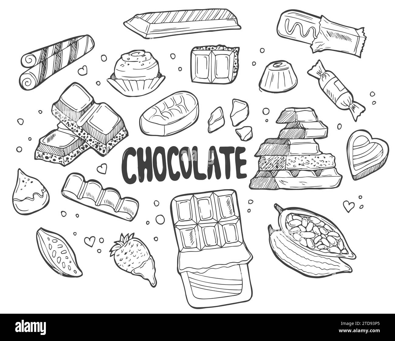 Différents types d'illustration vectorielle de chocolat. Barres de chocolat étirées, bonbons, chips et poreux. Illustration de Vecteur