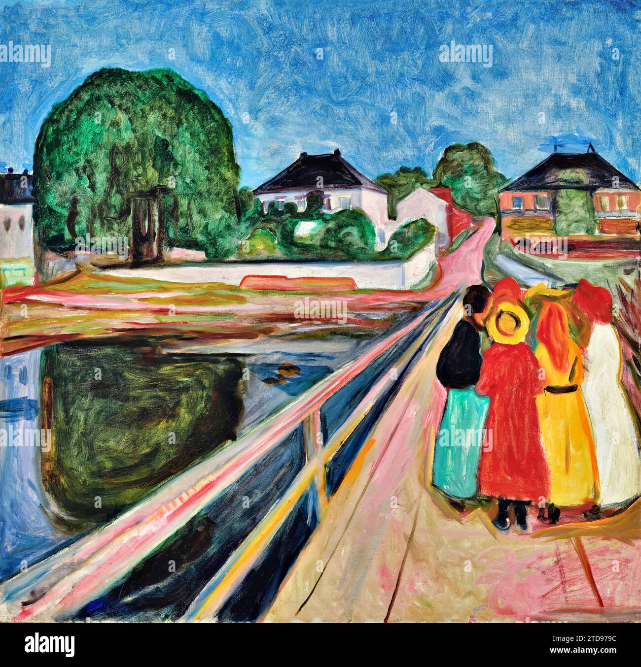 Filles sur le pont (huile sur toile) de l'artiste Munch, Edvard (1863-1944) / Norvégien. Illustration de Vecteur
