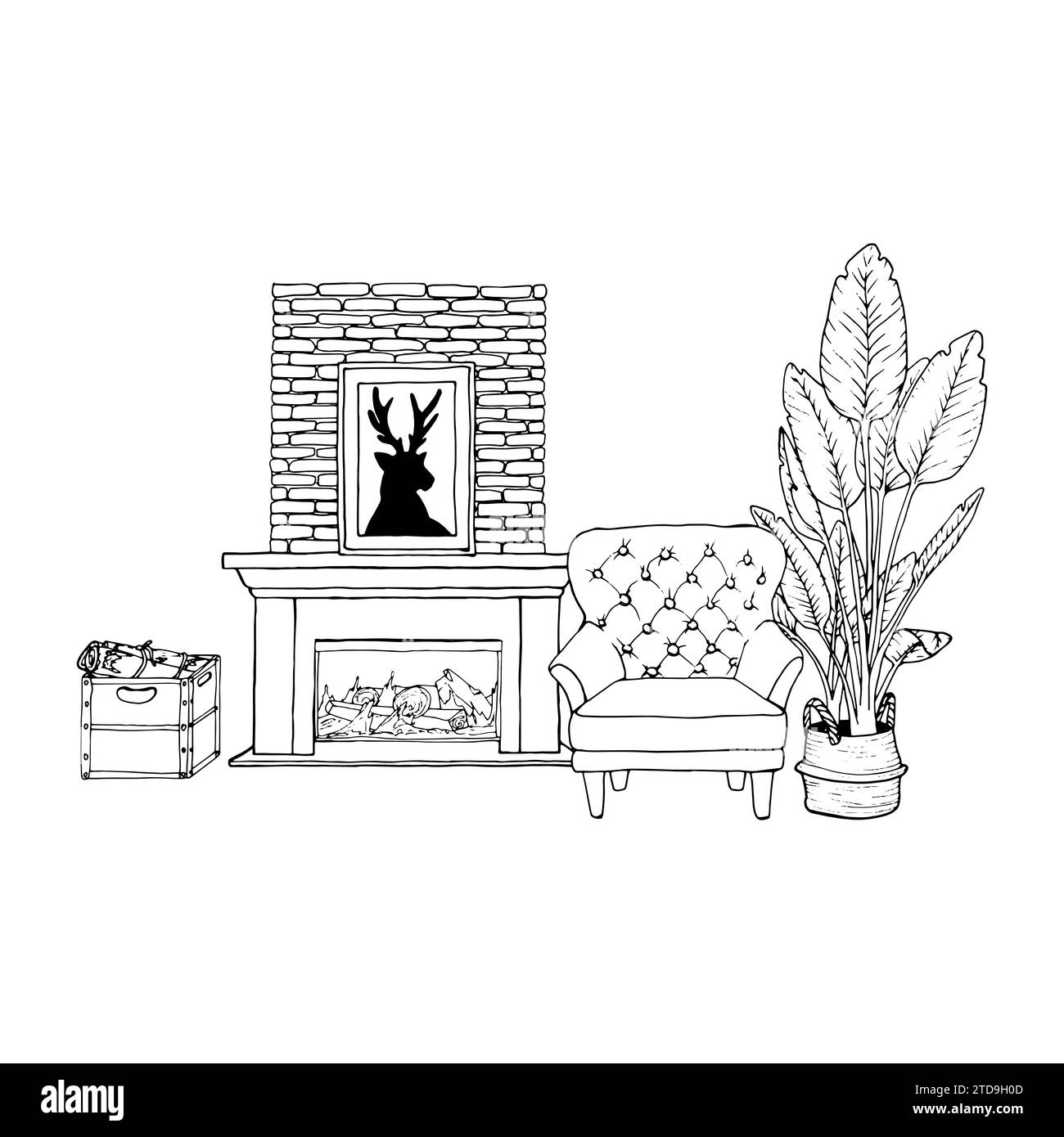 Illustration vectorielle intérieur du salon avec fauteuil, plantes de maison oiseaux de paradis dans des pots, cheminée, peinture avec un cerf, bois de chauffage. Un simple Illustration de Vecteur