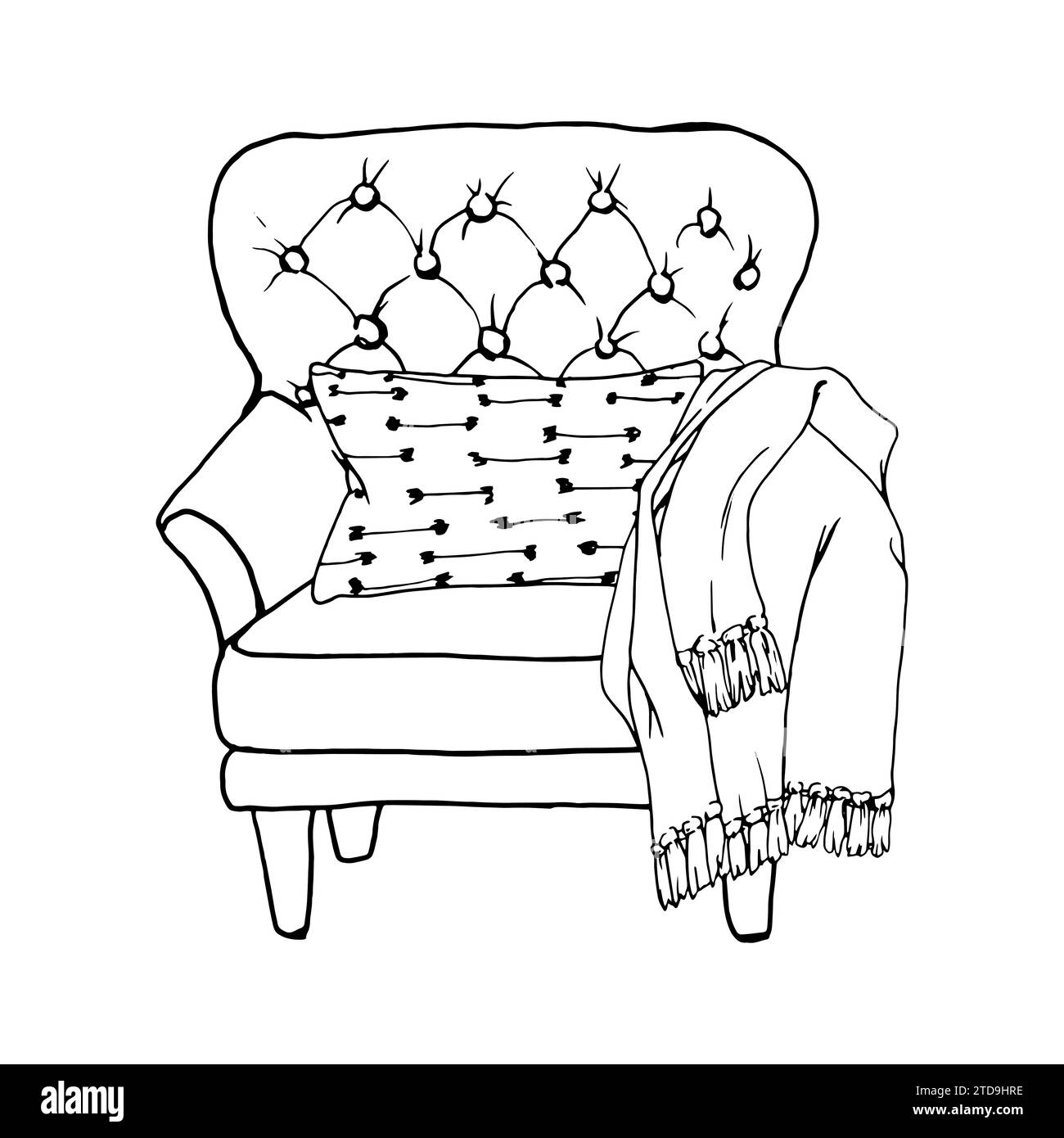 Fauteuil, icône de canapé. Silhouette linéaire contour noir. Oreiller doux et plaid en laine. Illustration graphique plate simple Vector. Objet isolé sur un Illustration de Vecteur