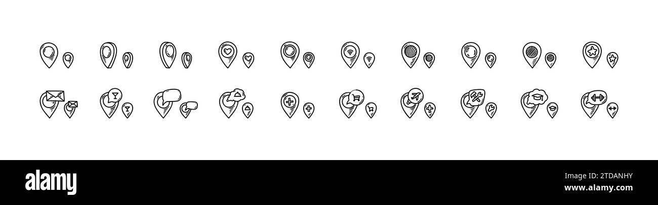 Icônes d'épingles d'emplacement définies. Marqueur d'emplacement de Doodle. Sketch restaurant, gymnase, bar, aéroport, hôpital, magasin, pinpoint universitaire. Navigation gps dessinée à la main Illustration de Vecteur