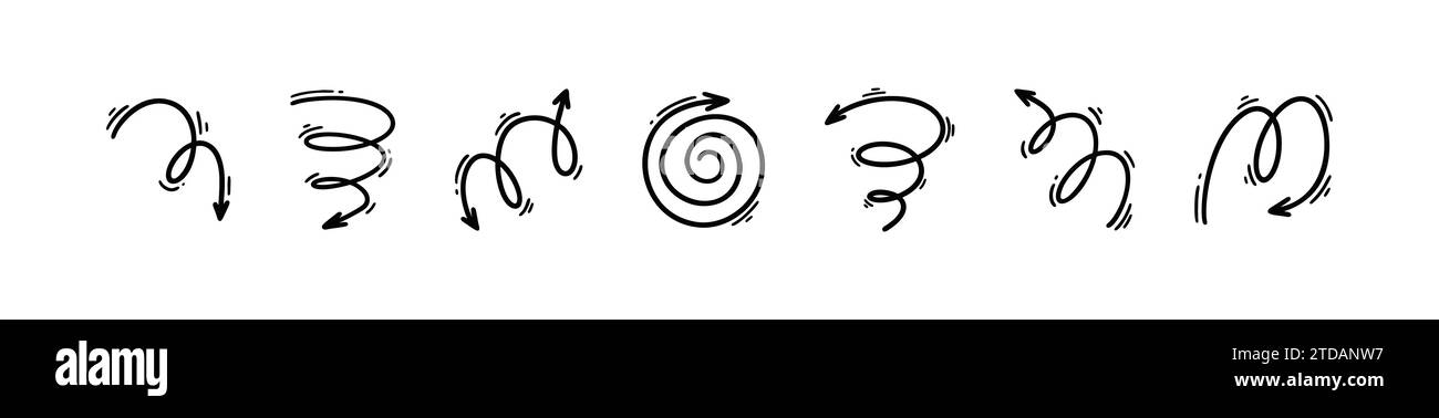 Jeu de flèches spirales Doodle. Tourbillon tiré à la main, tourbillon, boucle, bain à remous. Esquissez des lignes de courbe de squiggle, des boucles, des swooshes. Effet comique de rebond de mouvement Illustration de Vecteur