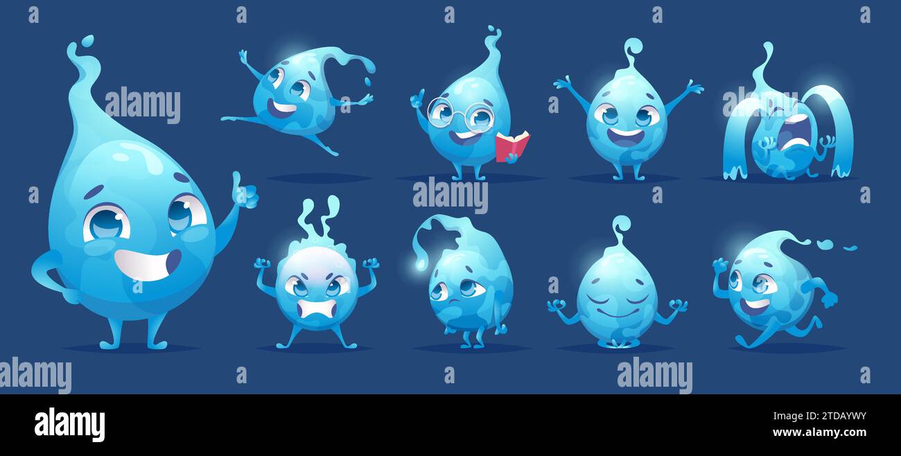 Gouttes d'eau. Personnages émotionnels mignons mascottes de l'eau exacte illustrations de dessin animé vectoriel ensemble Illustration de Vecteur