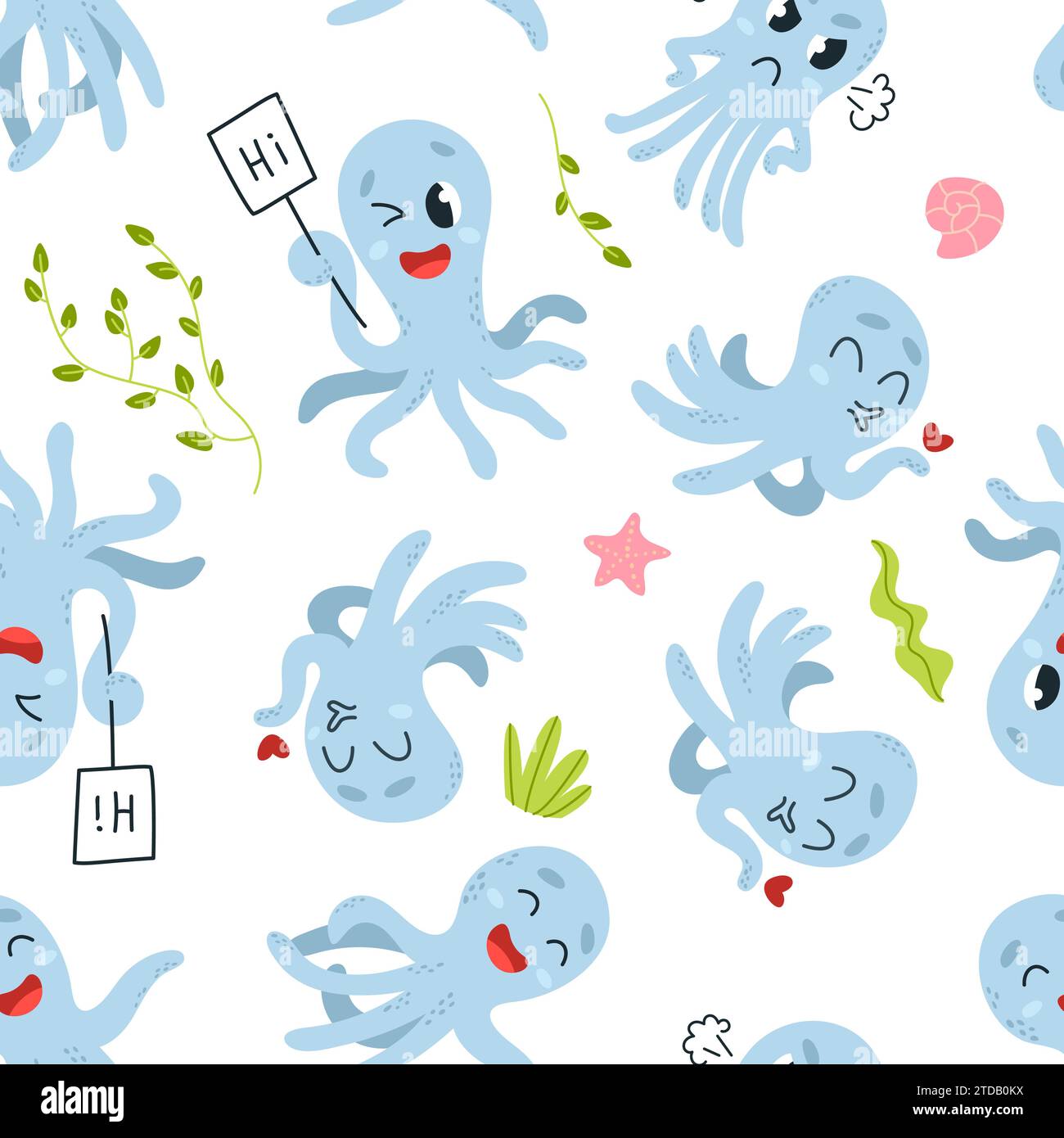 Dessin animé Octopus sans couture. Gabarit de tissu enfantin sous-marin positif. Mignons poulpes bleues dans diverses poses. Fond de vecteur marin chic Illustration de Vecteur