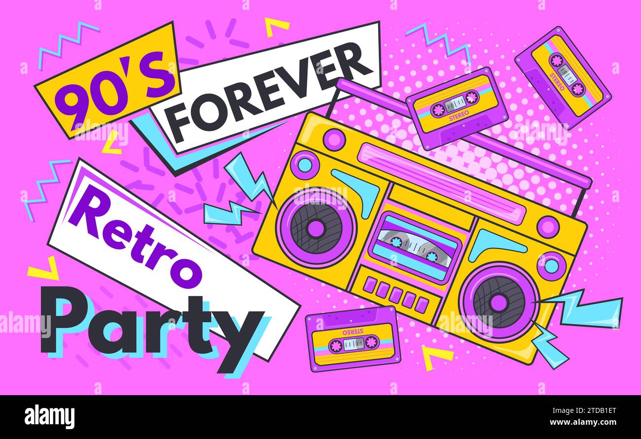 Retour aux années 90 Affiche de fête rétro, musique pop de mode de l'école années 90 1980, invitation d'événement de karaoké anniversaire funky boombox bannière design de fond, illustration vectorielle soignée de l'affiche de fête rétro Illustration de Vecteur