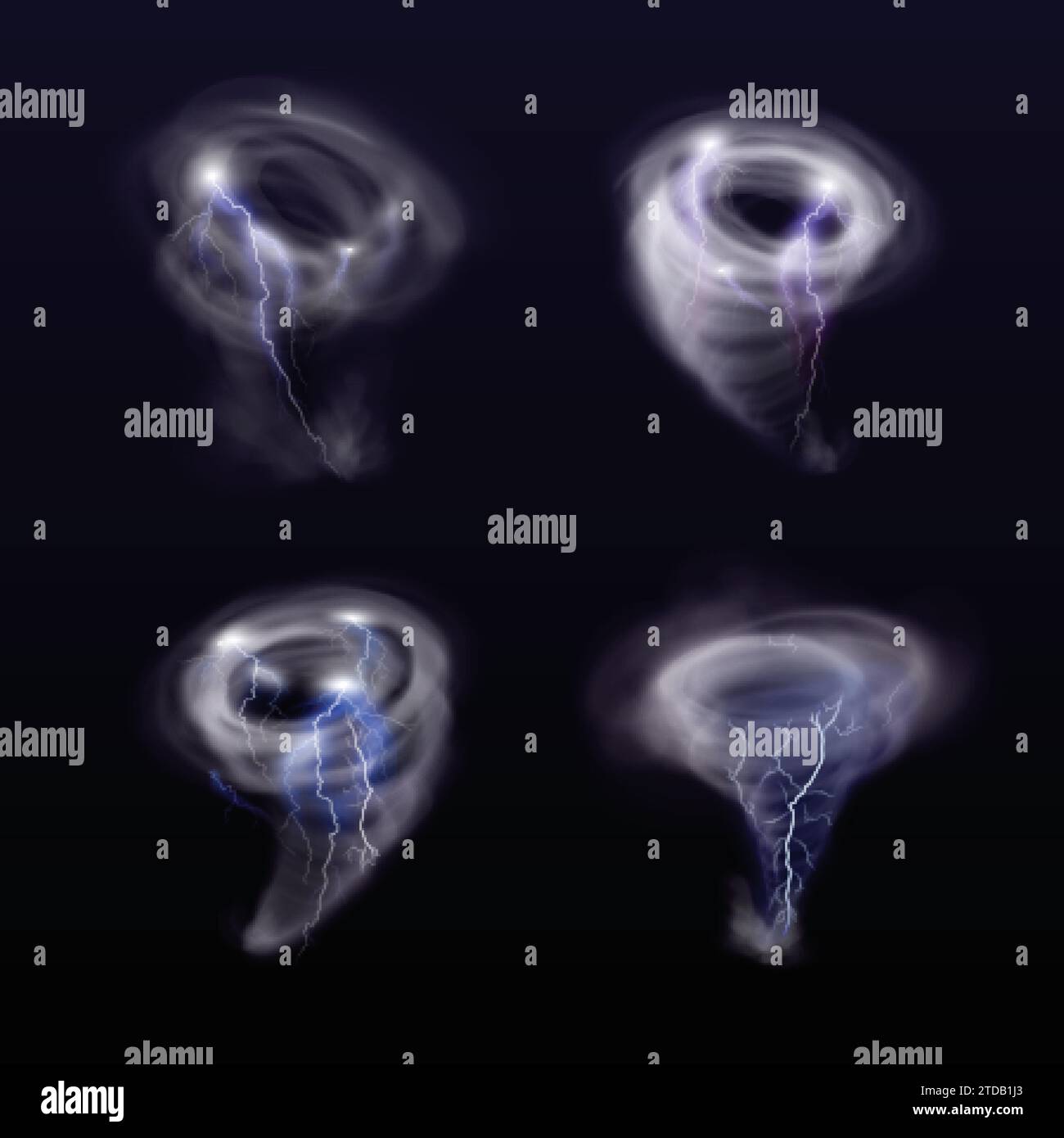 Tourbillon réaliste avec la foudre. Tornade tempête tornade isolée dans le ciel, vent tourbillonnaire ou de fumée effet cyclone, vortex, illustration vectorielle exacte de tornade météo tourbillon ouragan Illustration de Vecteur