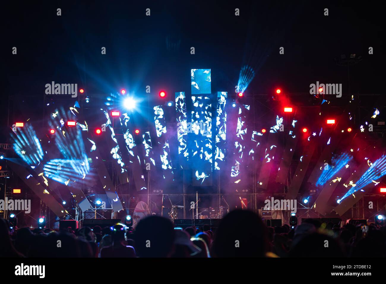 La nuit prend vie lors d'un festival de concert avec une foule jubilante devant une scène brillamment éclairée Banque D'Images