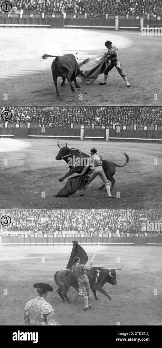 05/23/1917. De la corrida d'hier à Madrid. 1.-Marti Flores, Finishing Off a tout à fait. 2.-Joselito, Pasando de muleta. 3.-Belmonte dans une passe de béquille. Crédit : Album / Archivo ABC / Julio Duque Banque D'Images