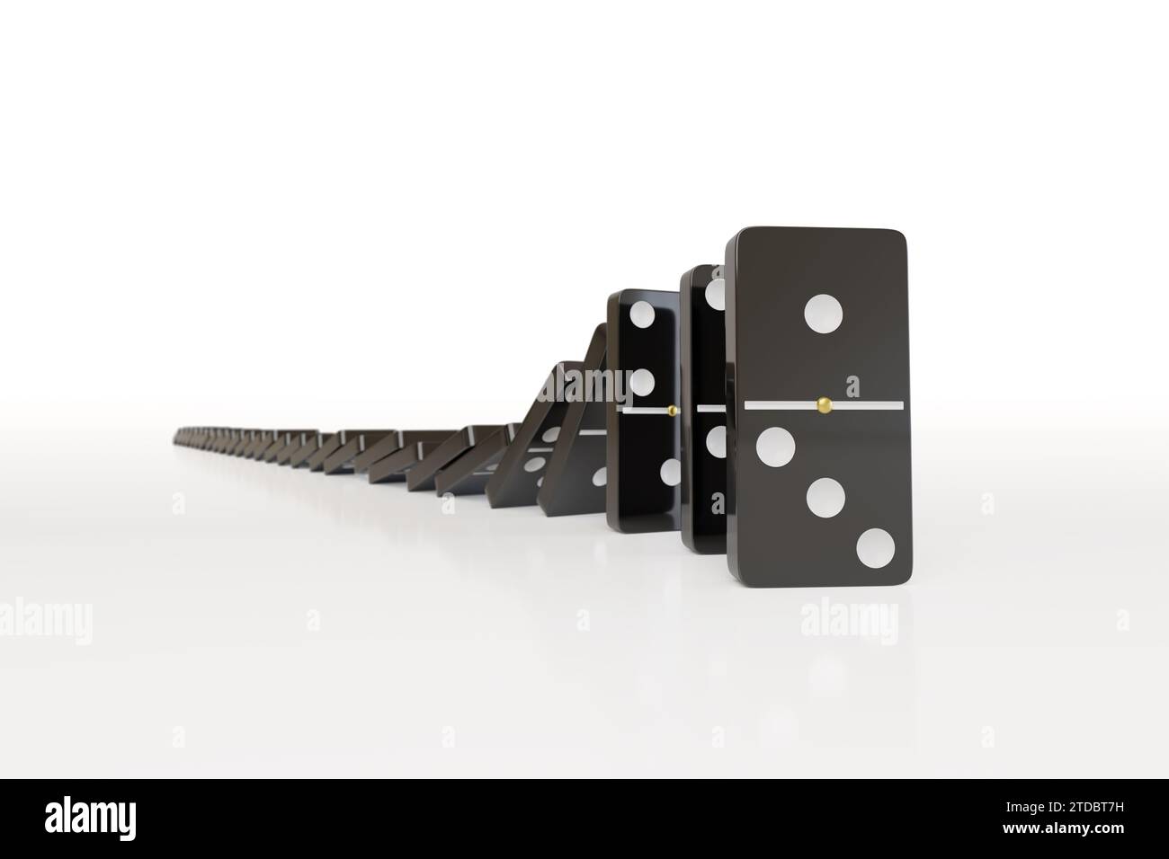 Morceaux de domino noir tombant dans la réaction en chaîne. Illustration 3D. Banque D'Images