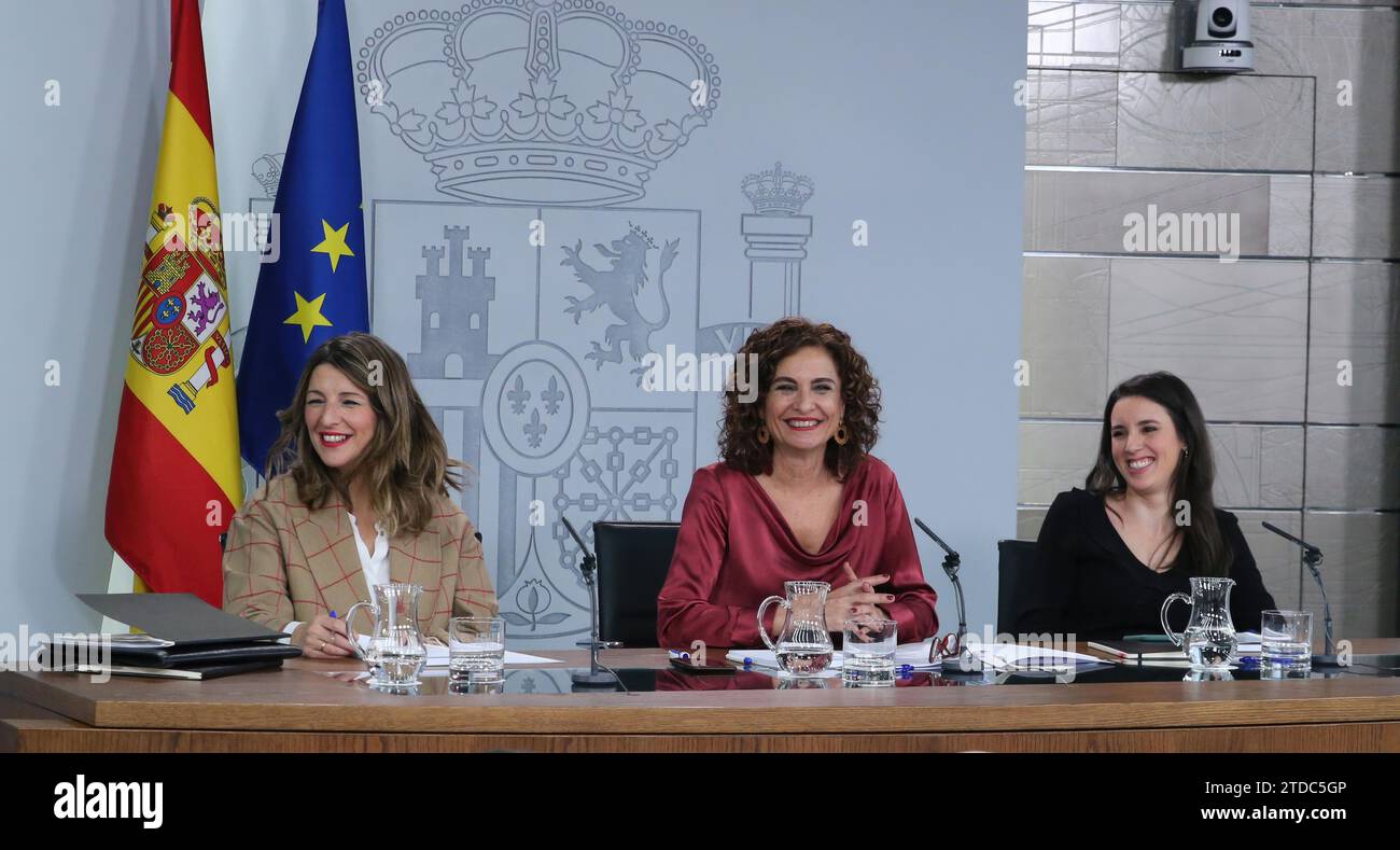 Madrid, 02/18/2020. Palais de Moncloa. Conférence de presse après la réunion du Conseil des ministres avec le porte-parole du ministre, María Jesús Montero, Yolanda Díaz et Irene Montero. Photo : Jaime García. ARCHDC. Crédit : Album / Archivo ABC / Jaime García Banque D'Images