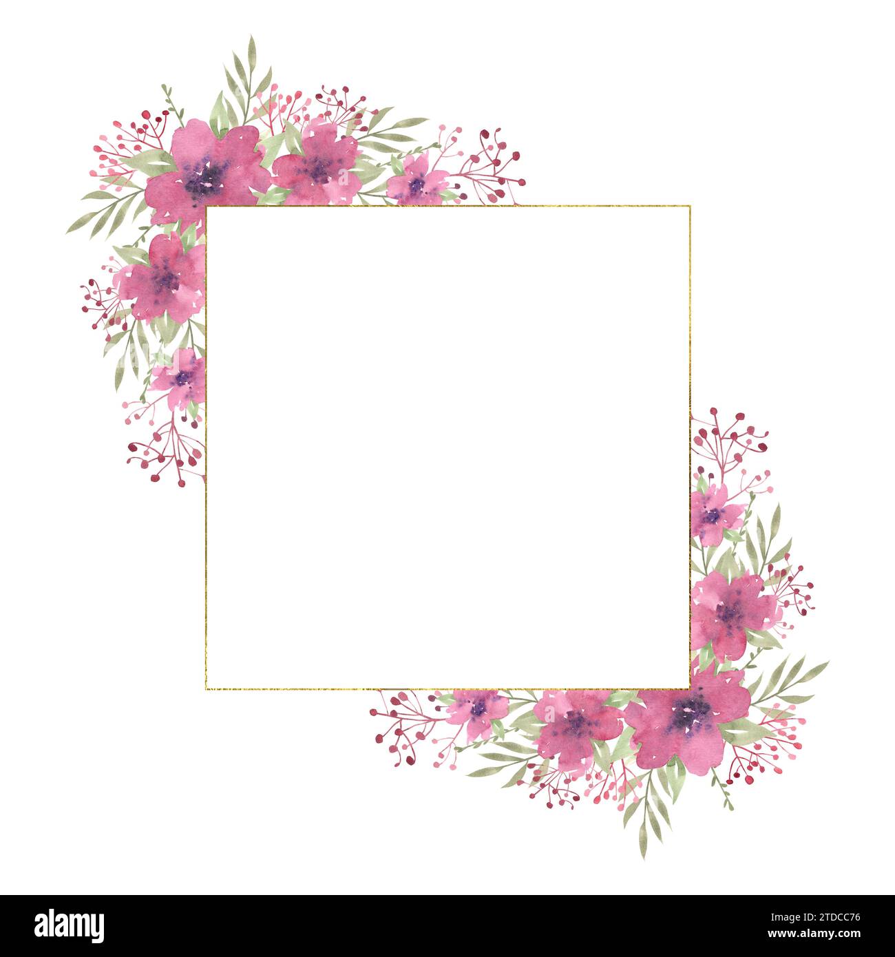 Cadre carré floral aquarelle avec des compositions de fleurs roses et de verdure, cadre avec texture dorée. Illustration dessinée à la main de templat botanique Banque D'Images