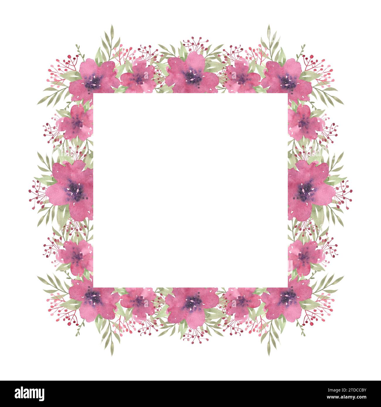 Cadre carré floral aquarelle avec des compositions de fleurs roses et de verdure, cadre avec texture dorée. Illustration dessinée à la main de templat botanique Banque D'Images