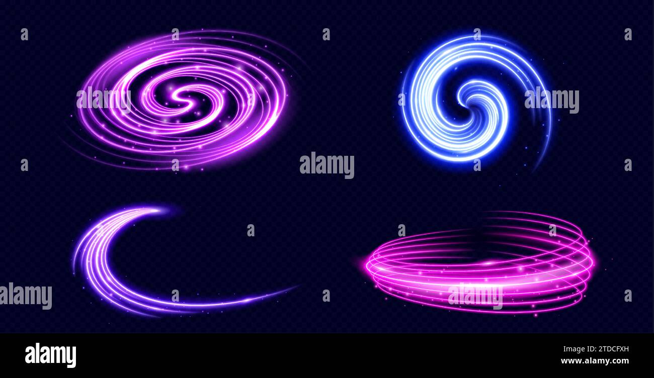 Illuminez les éléments néons en cercle et en rotation avec effet Swoosh et étincelles. Ensemble vectoriel réaliste de tourbillons lumineux magiques et de lignes en spirale avec des particules lumineuses volantes. FLARE sentier rond avec paillettes. Illustration de Vecteur