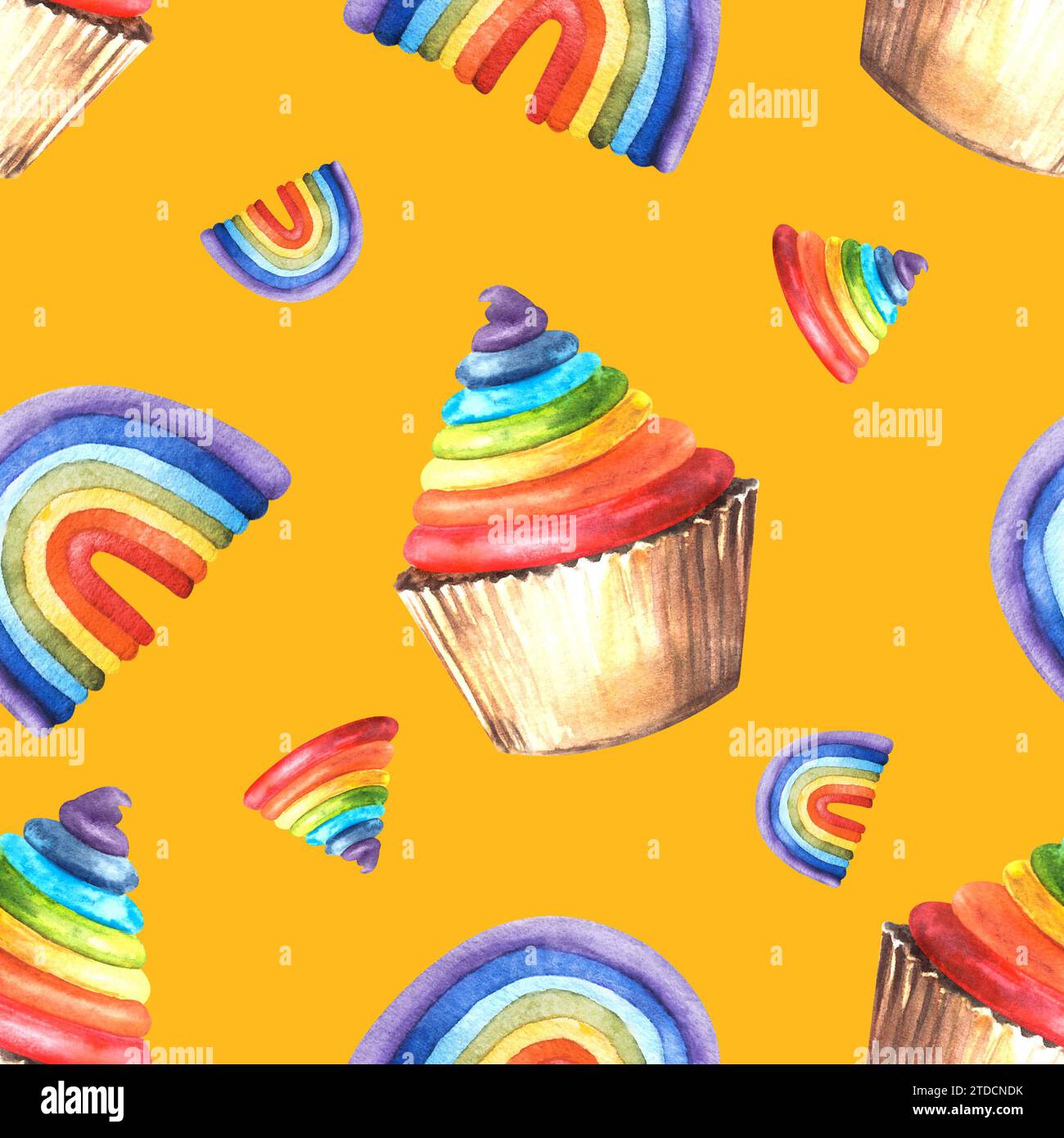 Cupcakes arc-en-ciel avec crème multicolore, glaçage, motif sans couture. Illustration aquarelle dessinée à la main, modèle pour tout concept, emballage, textiles Banque D'Images