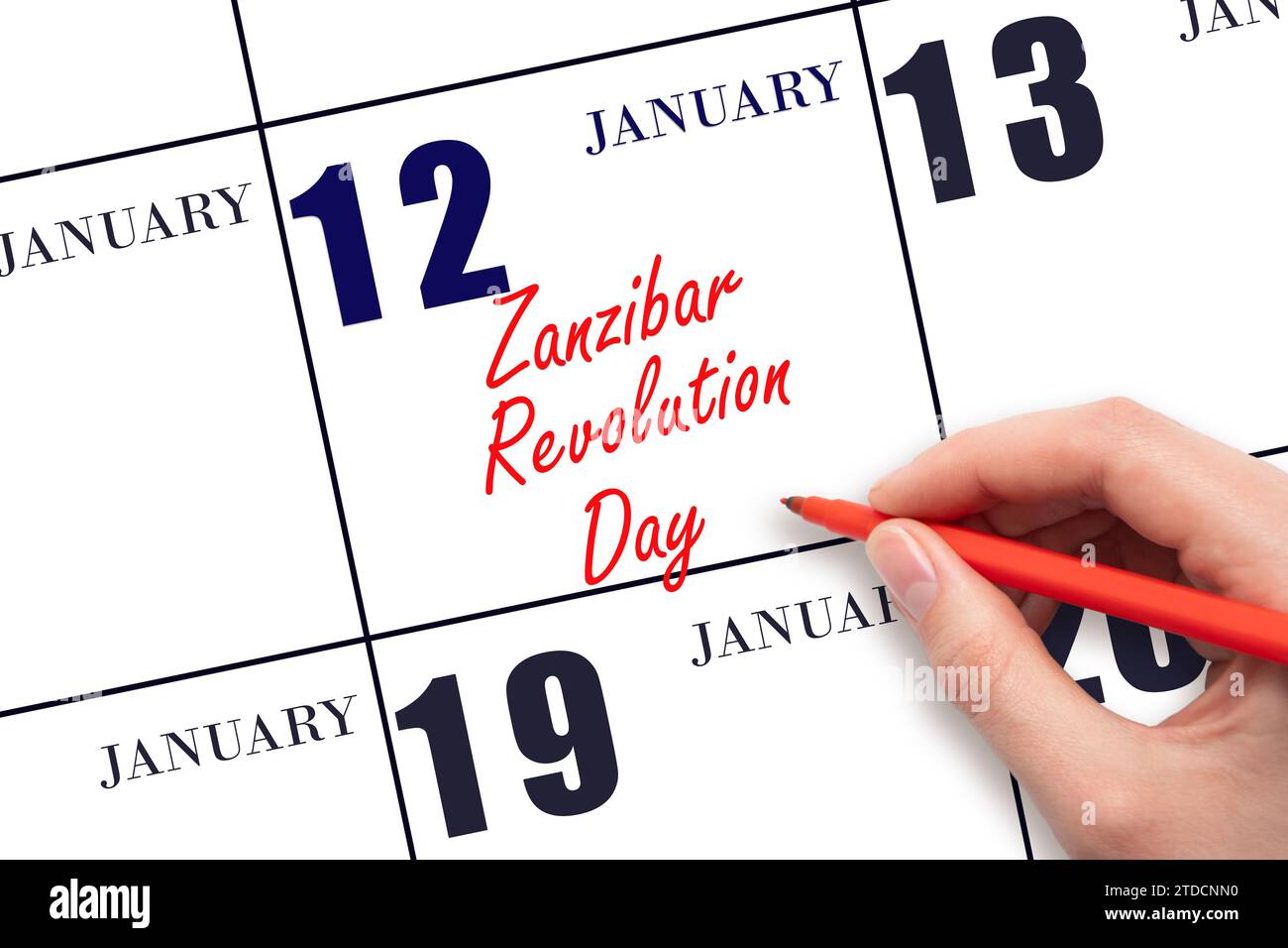 Janvier 12. Texte d'écriture à la main jour de la révolution de Zanzibar à la date du calendrier. Enregistrez la date. Vacances. Concept du jour de l'année. Banque D'Images